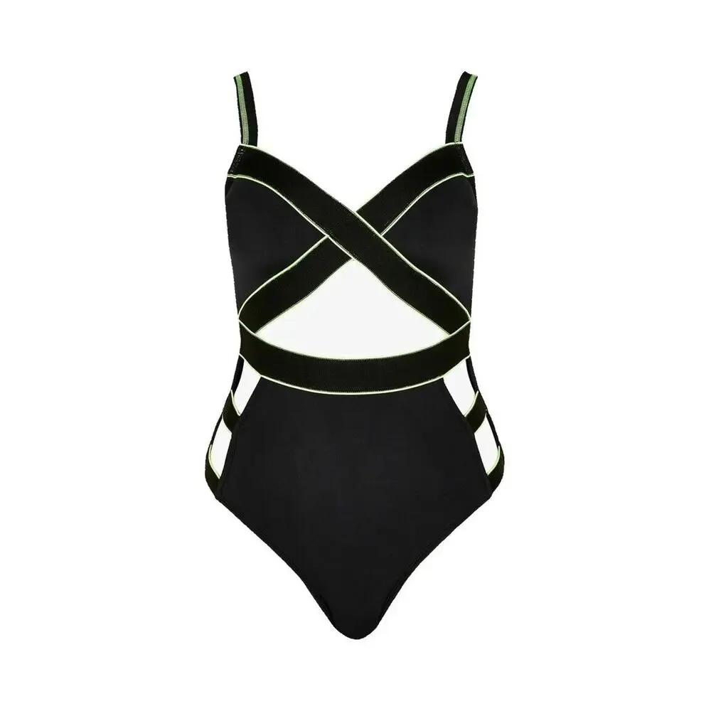 River Island Women Black/Lime Strappy High Waist Cutout One-Piece Swimsuit US 6
